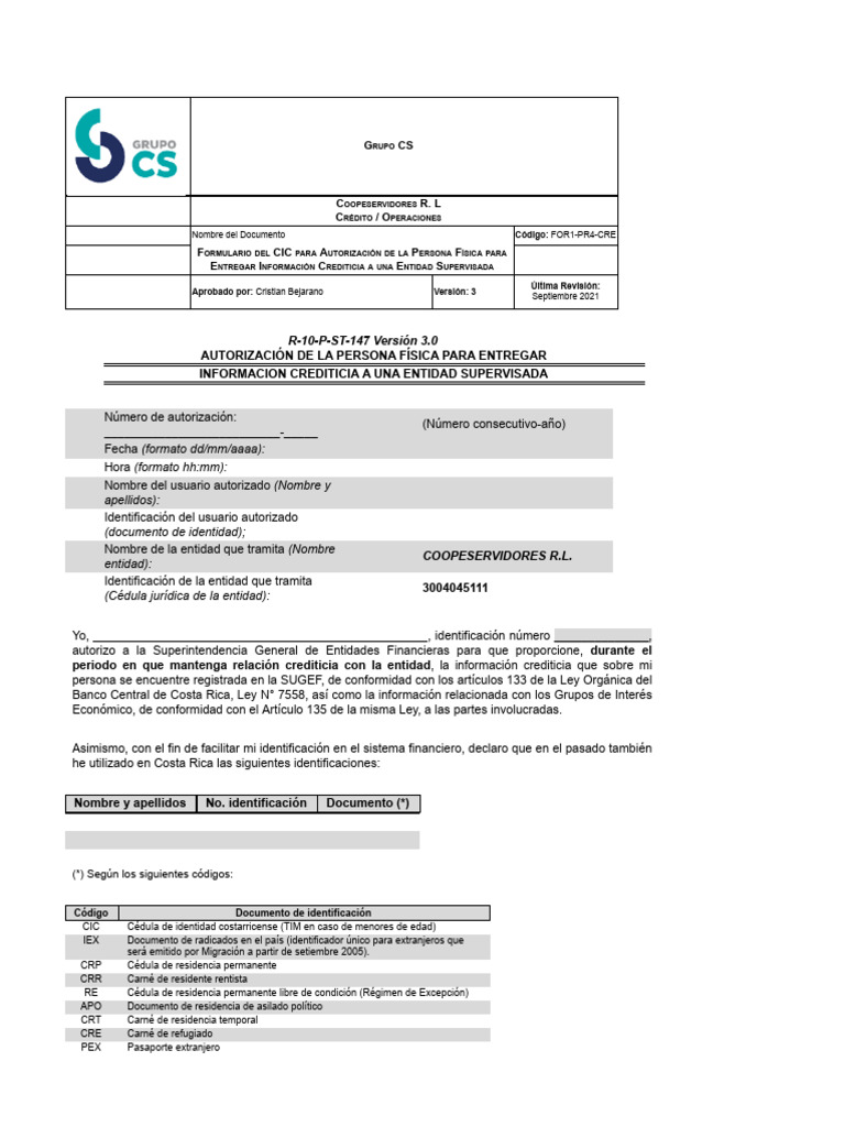 Autorizacion Cic Coopeservidores | PDF | Documento de identidad