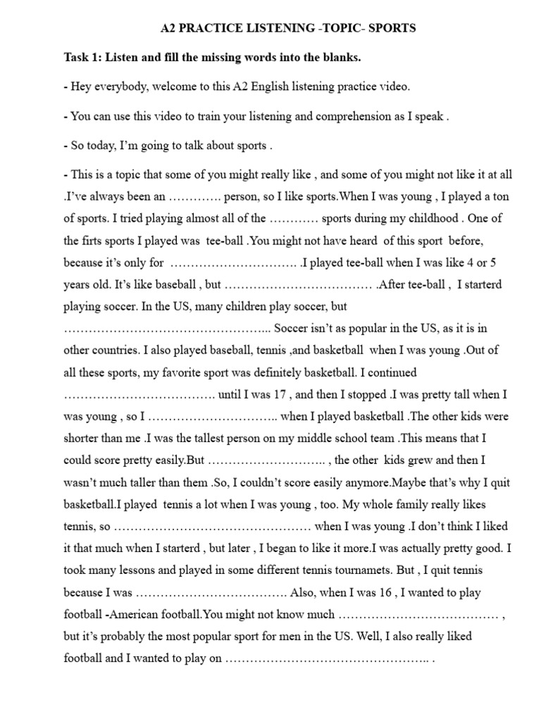 A2 Listening Practice: Sports Topic | PDF | Sports & Recreation