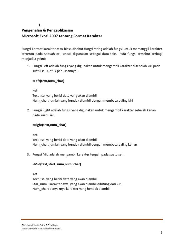 Modul 11 - Microsoft Excel (Format Karakter) | PDF