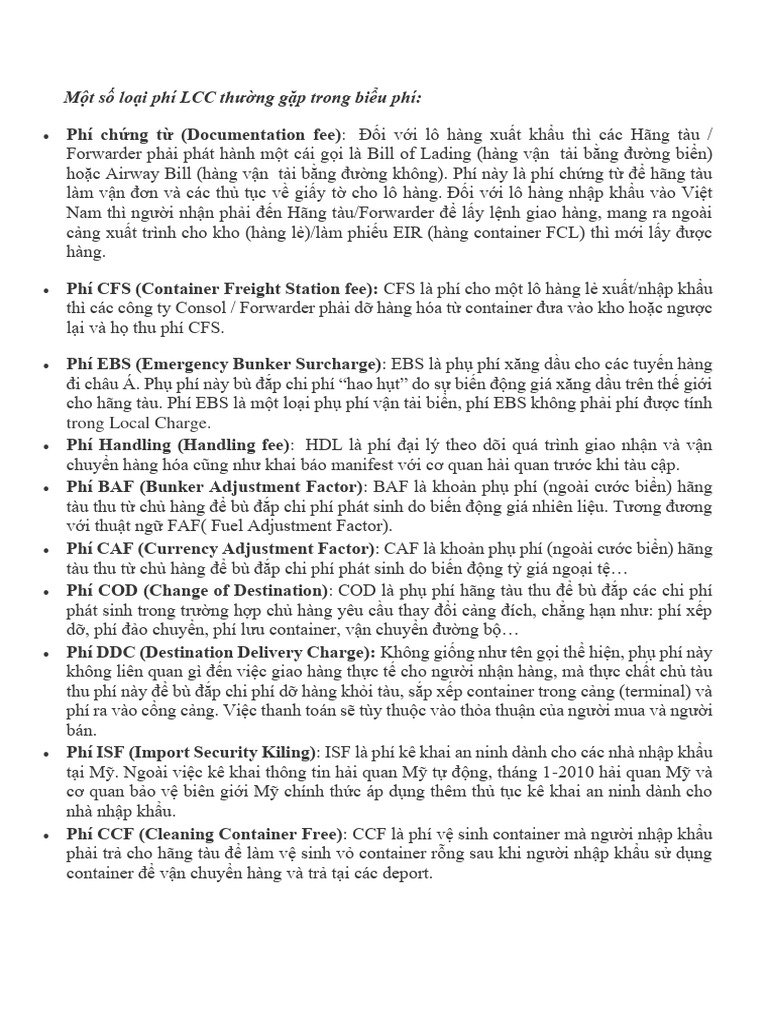 Một Số Loại Phí LCC Thường Gặp Trong Biểu Phí | PDF