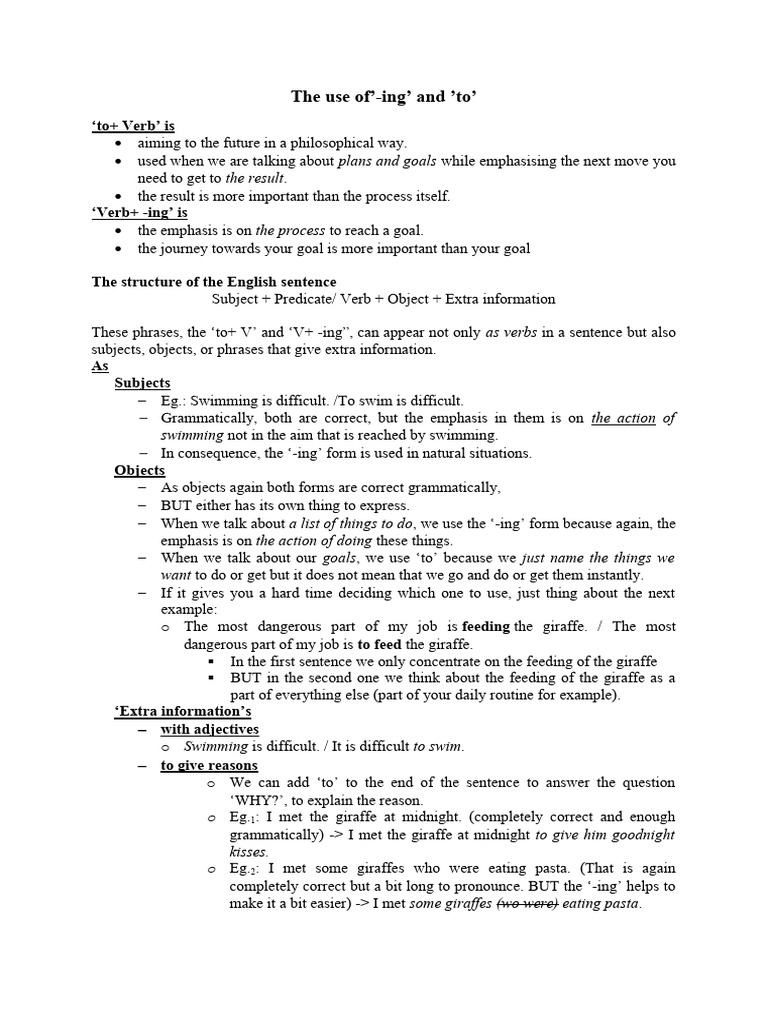 The use of ing and to pdf subject grammar verb