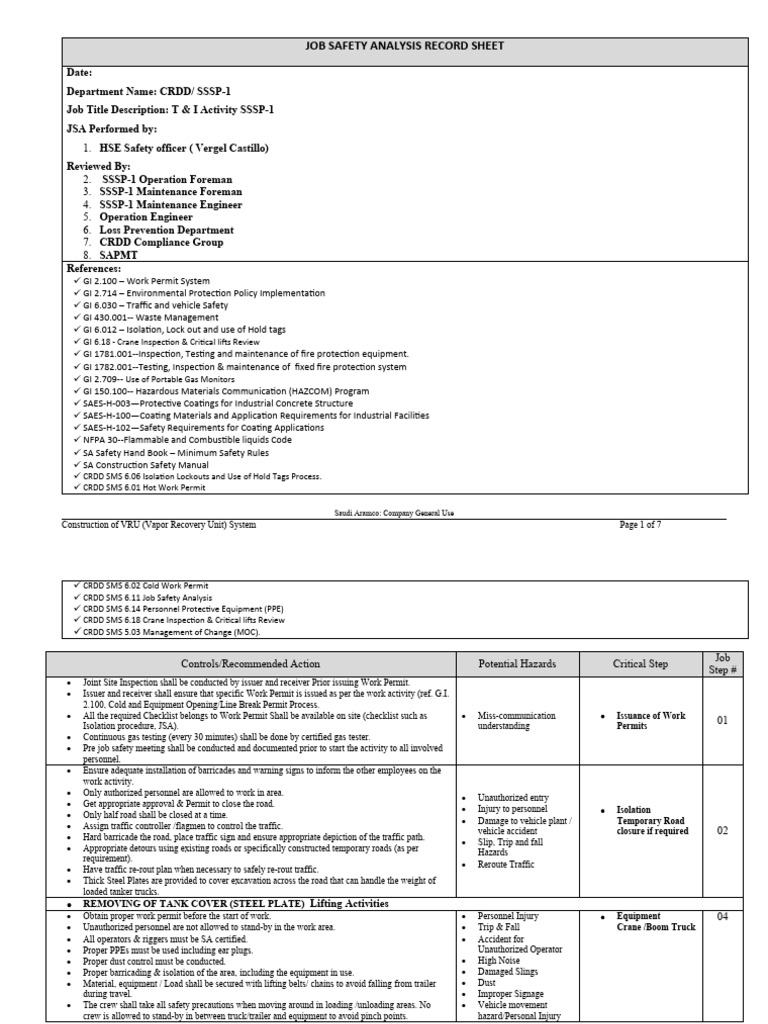 JSA for SSSP-1 | PDF | Personal Protective Equipment | Occupational ...