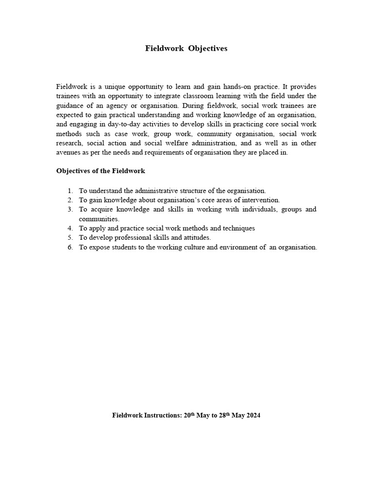 Fieldwork objectives 2024 download free pdf social work field