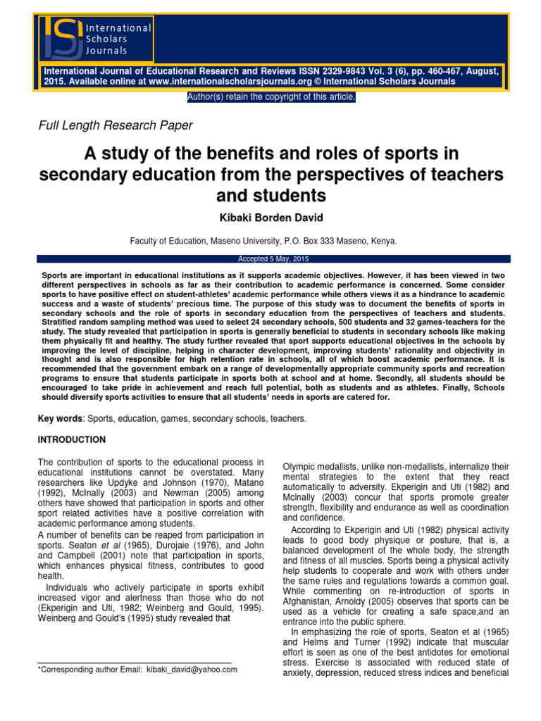 A Study of The Benefits and Roles of Sports in Secondary Education From ...
