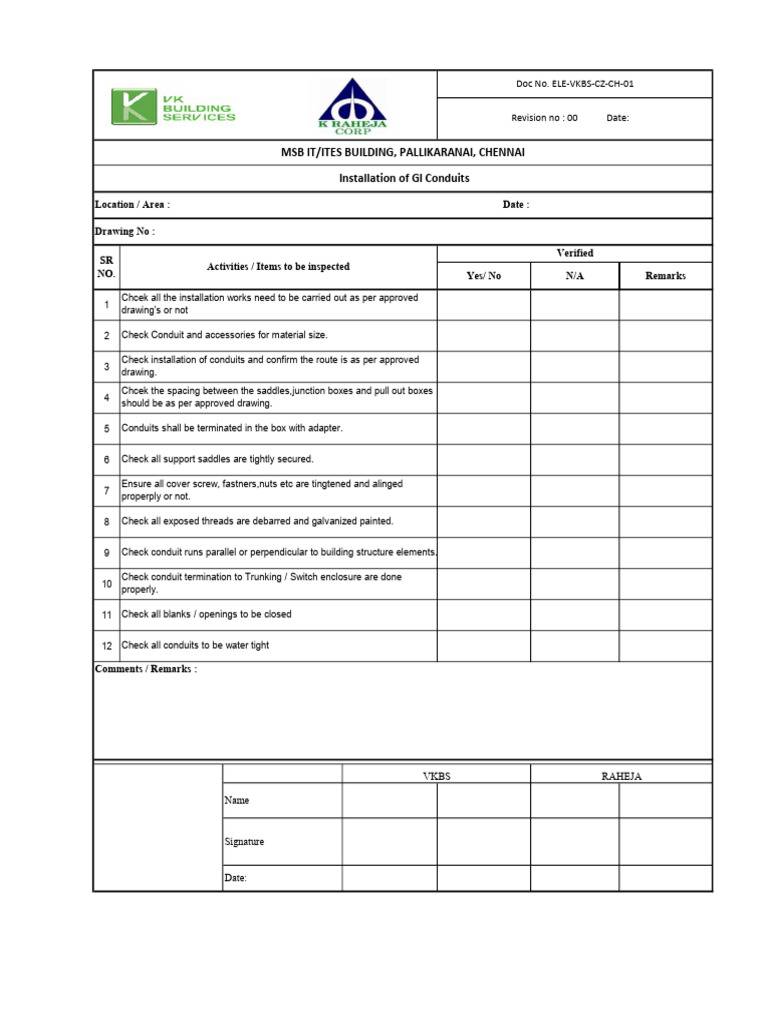 Checklist For Installation of GI Conduits PDF