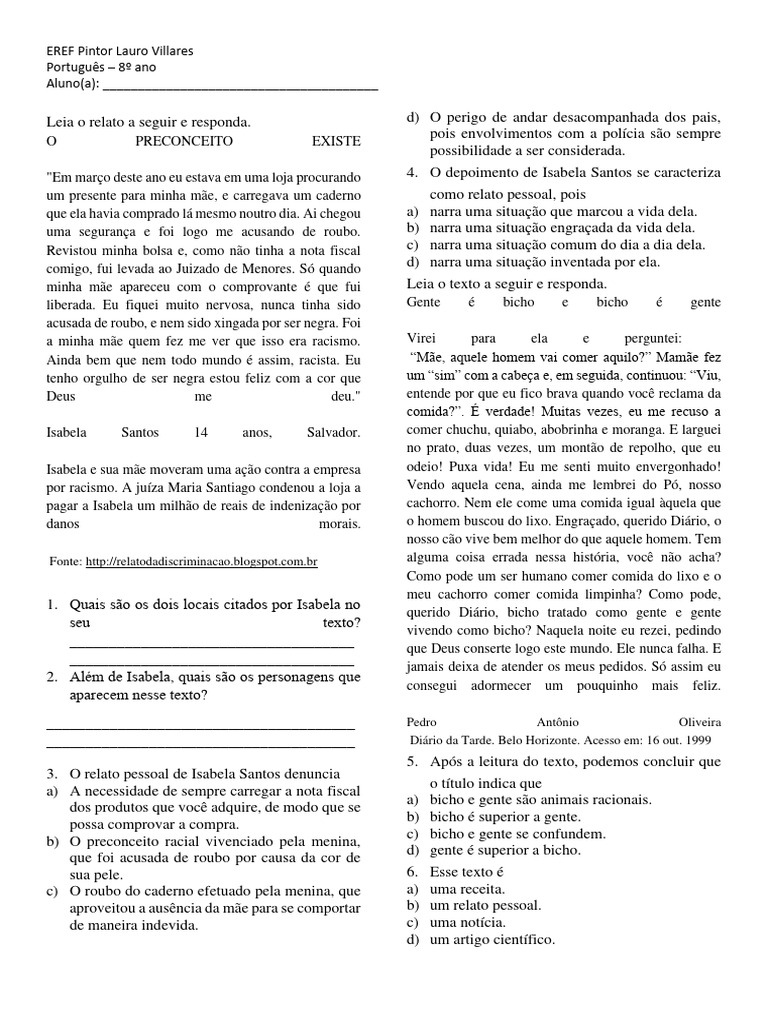 Atividade Interpretação de Texto 8 Ano | PDF | Cães | Racismo
