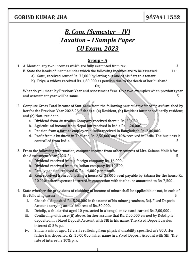 Sem - IV Taxation - I Sample Paper-1 | PDF | Depreciation | Life Insurance