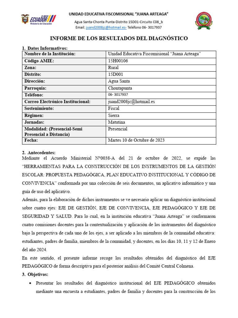 Informe Diagnóstico Pedagógico | PDF | Enseñando | Plan de estudios