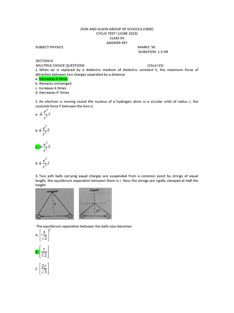 Physics Answer Key for Class XII Test | PDF | Capacitor | Capacitance