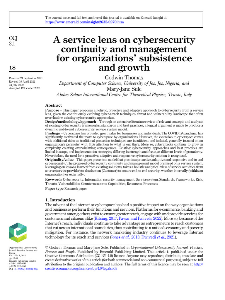 A Service Lens On Cybersecurity Continuity and Management For ...