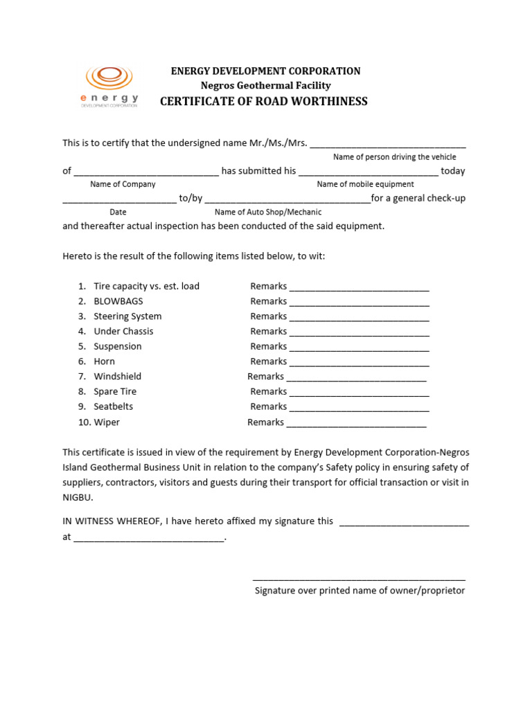 Certificate of Road Worthiness Template | PDF