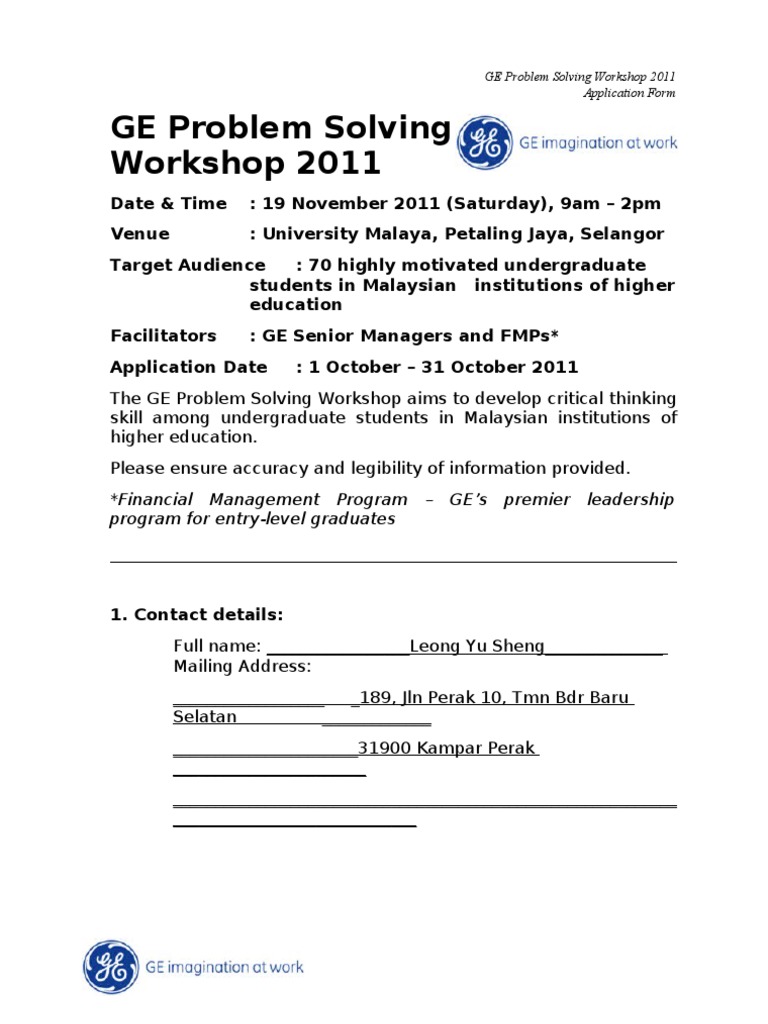 GE Problem Solving Workshop 2011 Application | PDF | Career & Growth ...