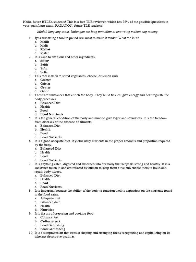Free TLE Reviewer with Answer Key | PDF | Sauce | Chinese Cuisine