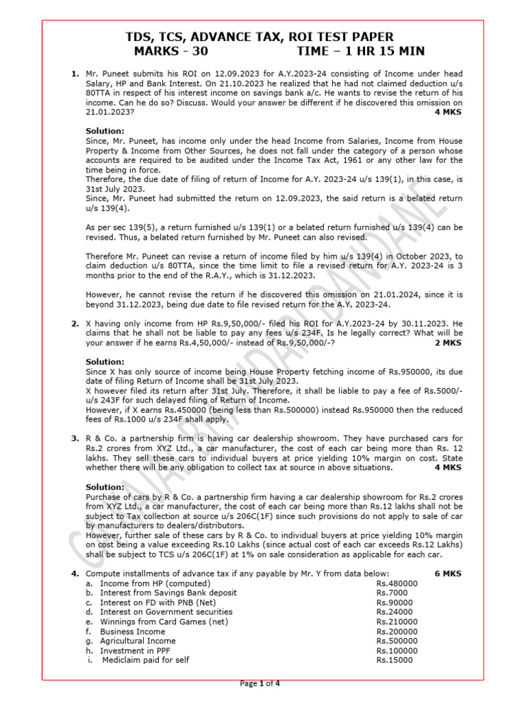 TDS, TCS, Advance Tax & ROI Test Paper | PDF | Taxes | Interest