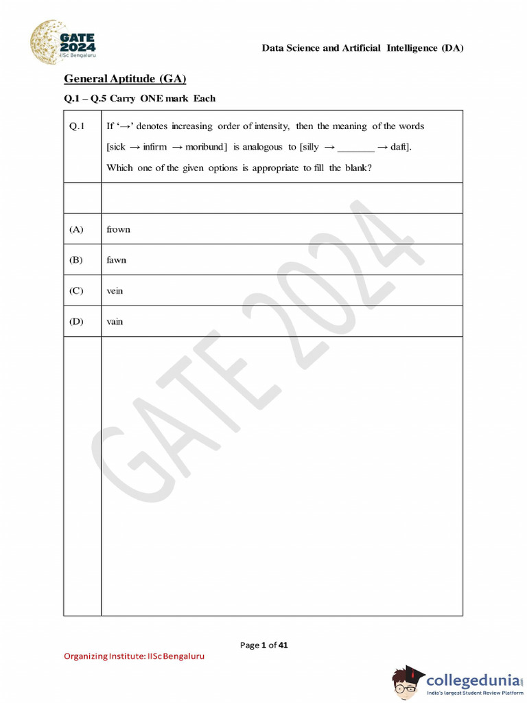 GATE 2024 Data Science and Artificial Intelligence Question Paper | PDF