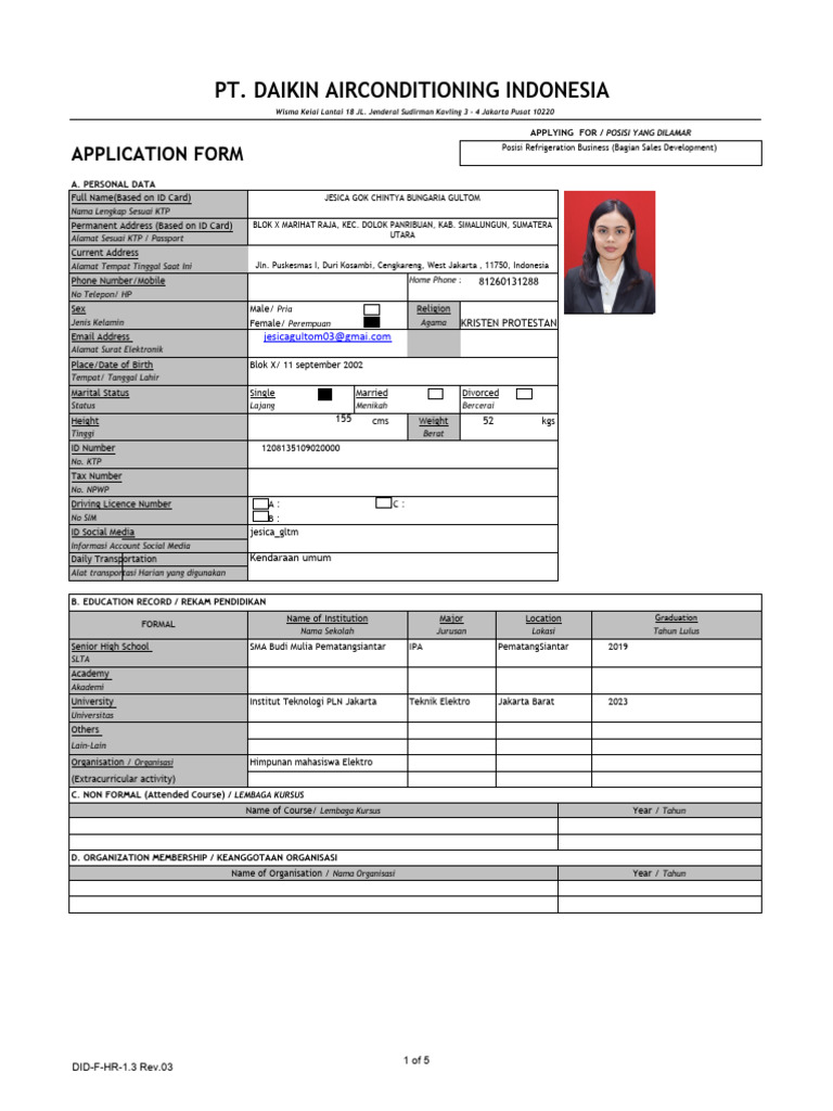 Daikin Application Form: Jesica Gultom | PDF