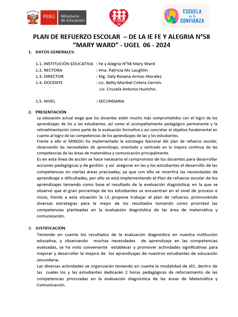 Plan de Refuerzo Escolar 2024 Fe y Alegría | PDF | Evaluación | Plan de ...