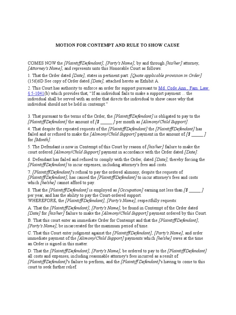 Motion for Contempt and Rule to Show Cause Virginia Circuit Court