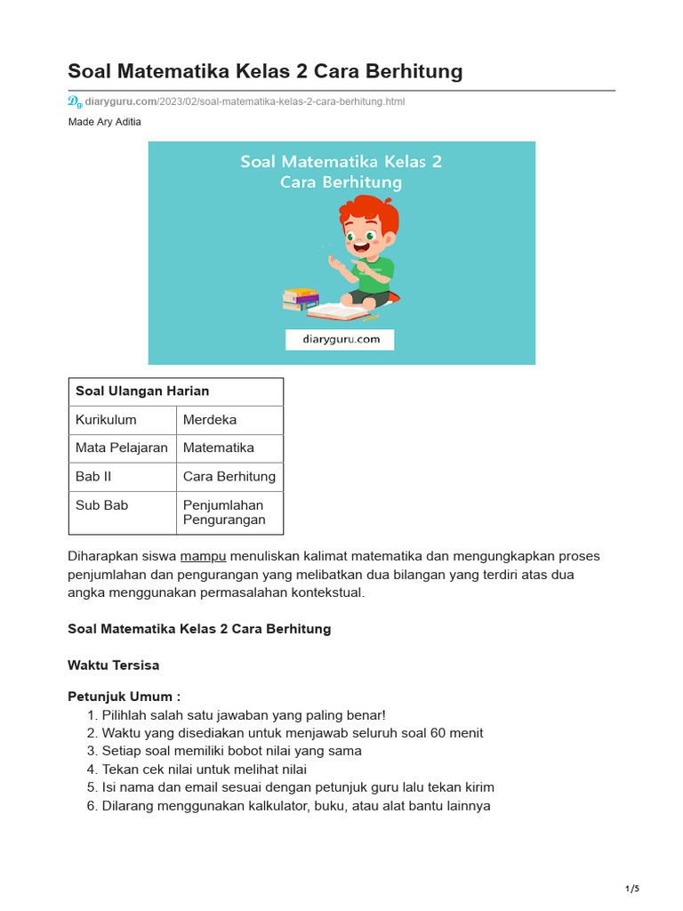 Soal Matematika Kelas 2 Cara Berhitung Pdf