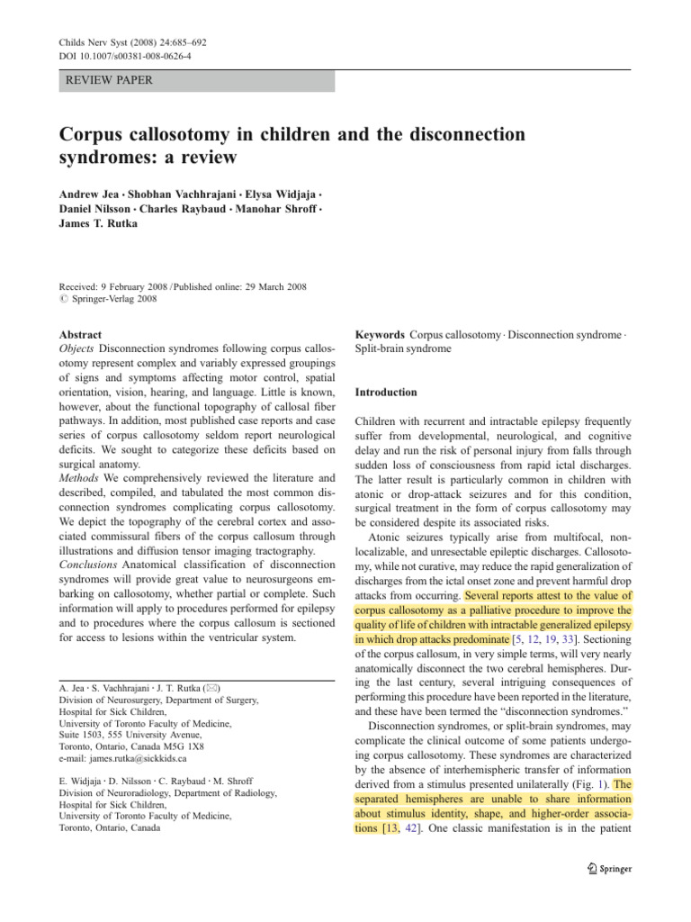 Corpus Callosotomy With Disconnection Syndrome | PDF | Corpus Callosum ...