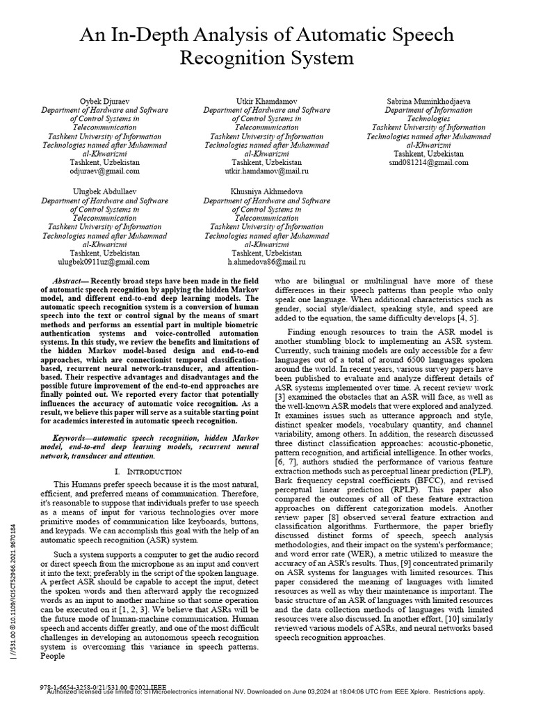 An In-Depth Analysis of Automatic Speech Recognition System | PDF ...