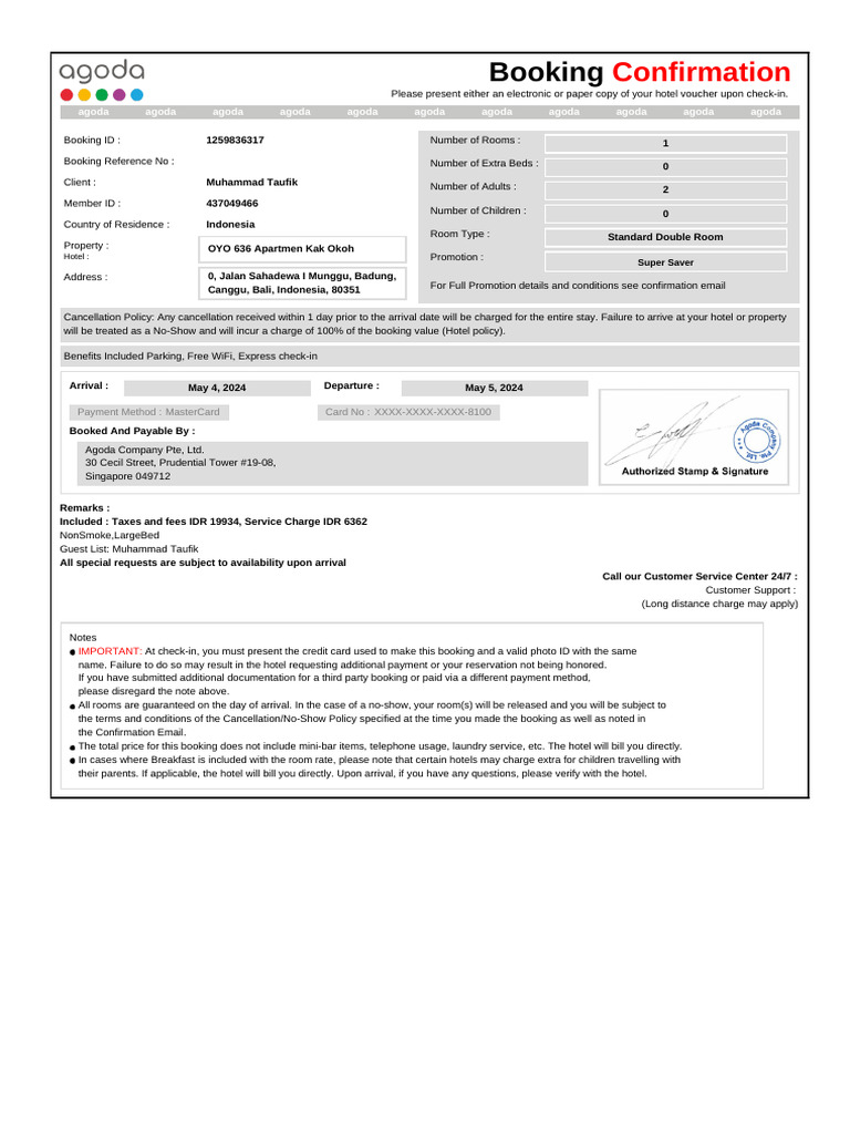 Confirmation For Booking ID # 1259836317 | PDF | Hotel | Credit Card