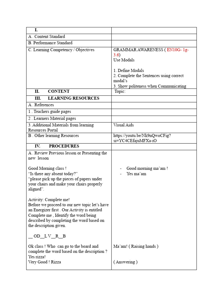 Lesson Plan Modal Verbs Pdf Linguistics