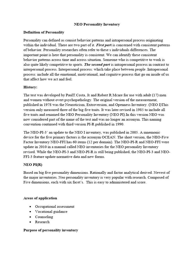 Overview of NEO Personality Inventory | PDF | Psychology ...