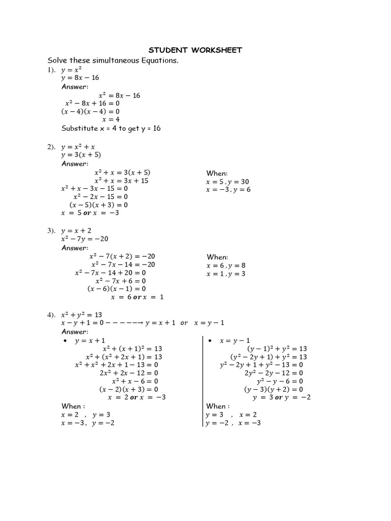 Simultaneous Equations Worksheet | PDF | Equations | Mathematical Objects