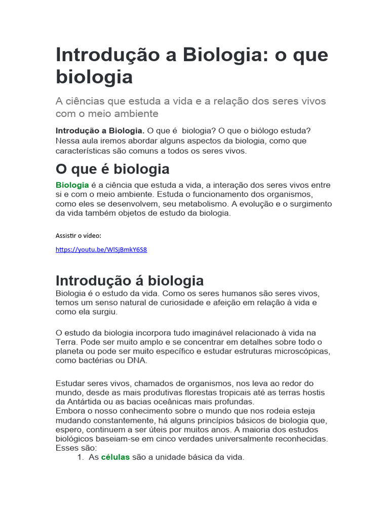 Introdução A Biologia | Download grátis PDF | Organismos | Vida