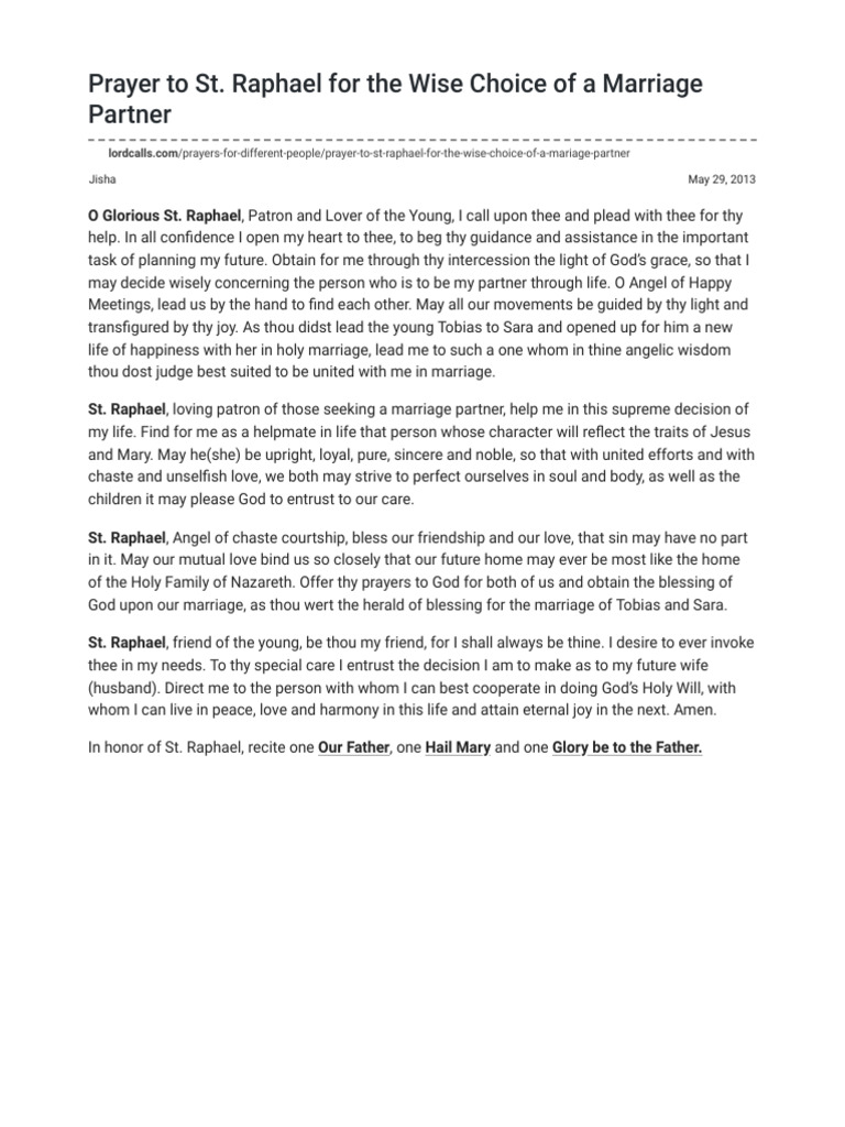 Prayer To St. Raphael For The Wise Choice of A Marriage Partner | PDF