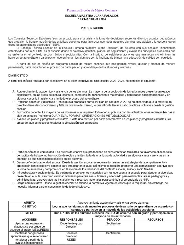Programa escolar de mejora continua 2023 pdf plan de estudios