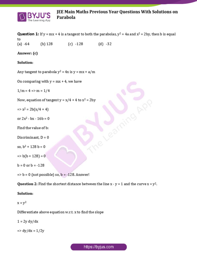 JEE Main Parabola PYQs with Solutions | PDF | Differential Geometry ...