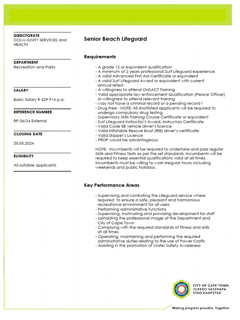 Senior Beach Lifeguard Job Opening | PDF