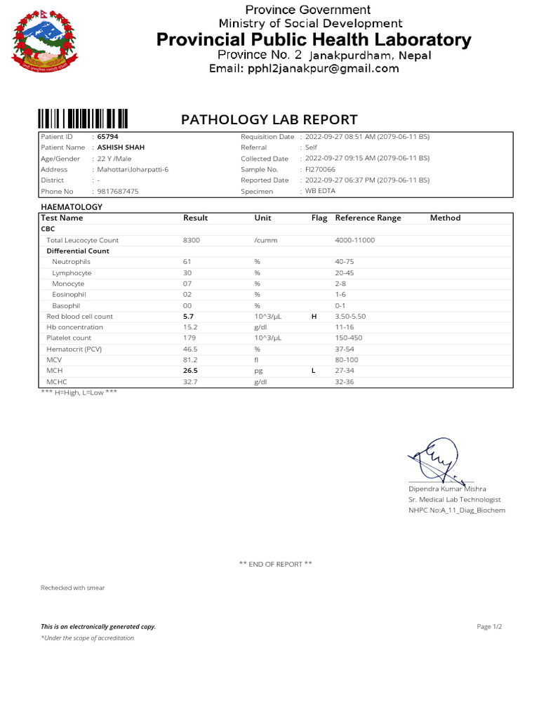 Pathology Lab Report: Haematology Test Name Result Unit Flag Reference ...