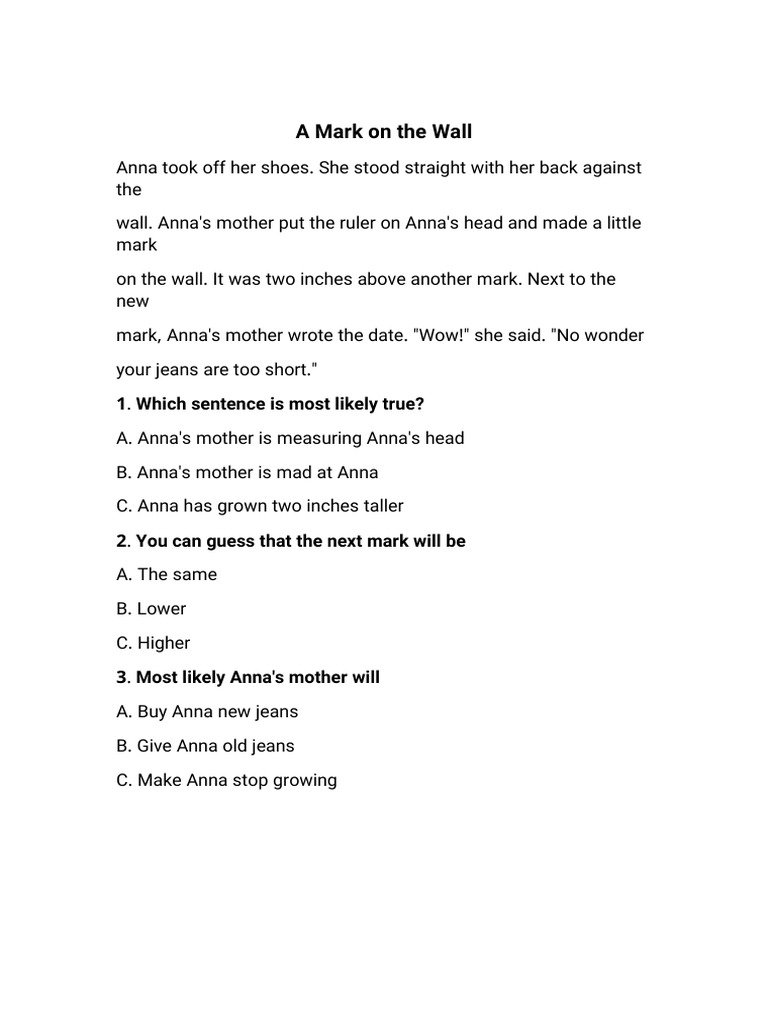 A mark on the wall 1 which sentence is most likely true pdf
