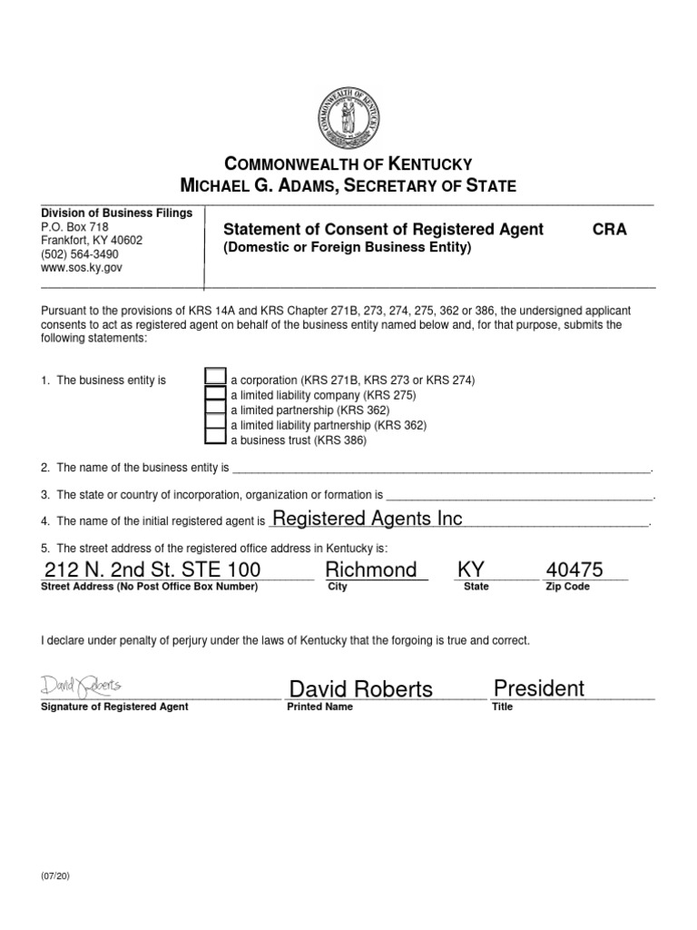 Kentucky Registered Agent Consent Form | PDF | Registered Agent ...