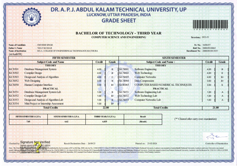AKTU B.Tech Marksheet - Omveer Singh | PDF | Computing | Computer Science