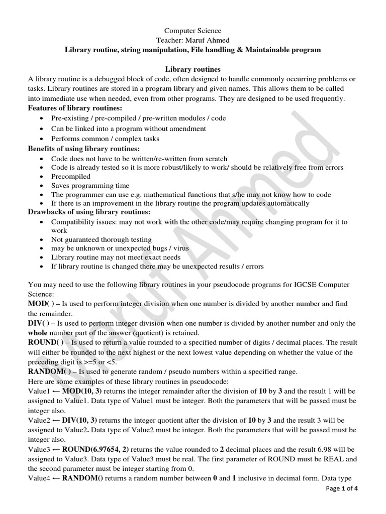 Library routine string manipulation and files pdf computer file