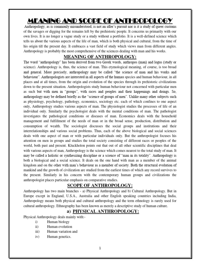 Meaning And Scope Of Anthropology Pdf Anthropology Cultural