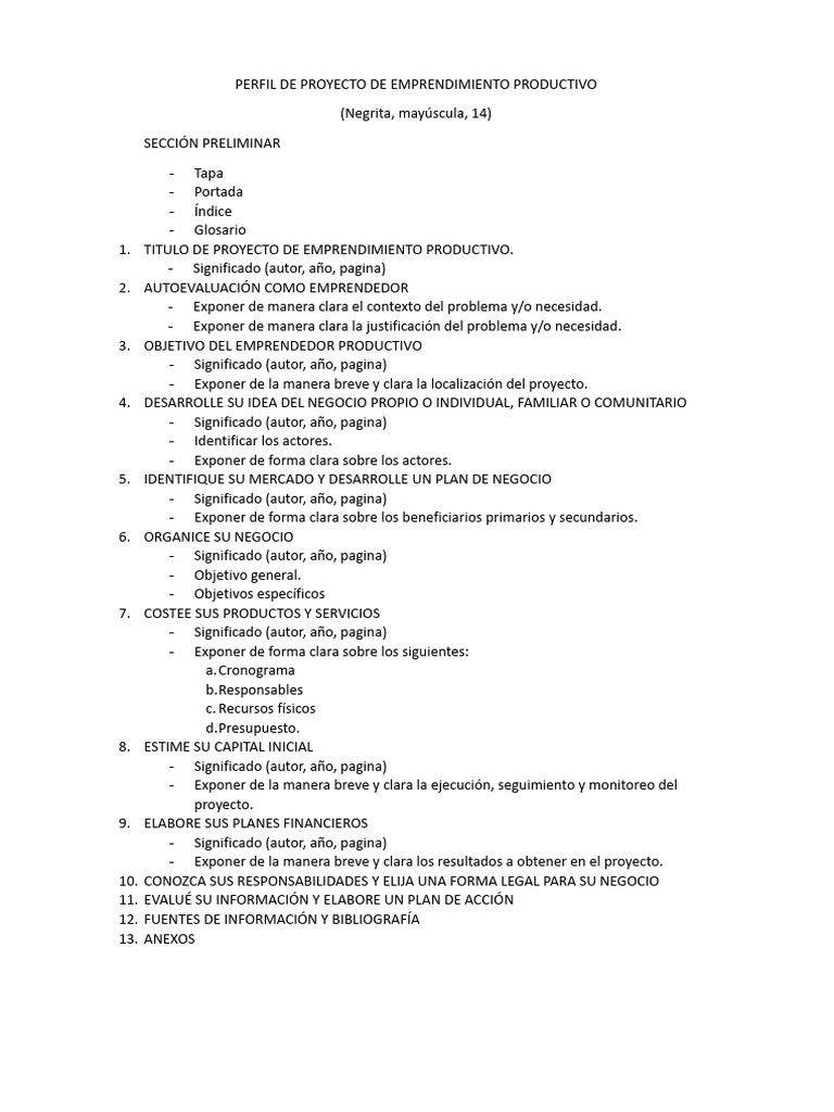 Indice Del Perfil de Proyecto Emprendimiento Productivo 2024 | PDF