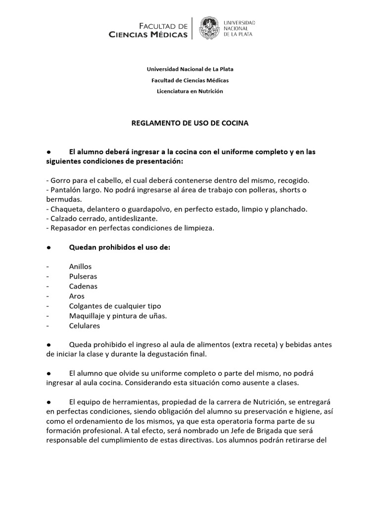Reglamento de uso de cocina | PDF