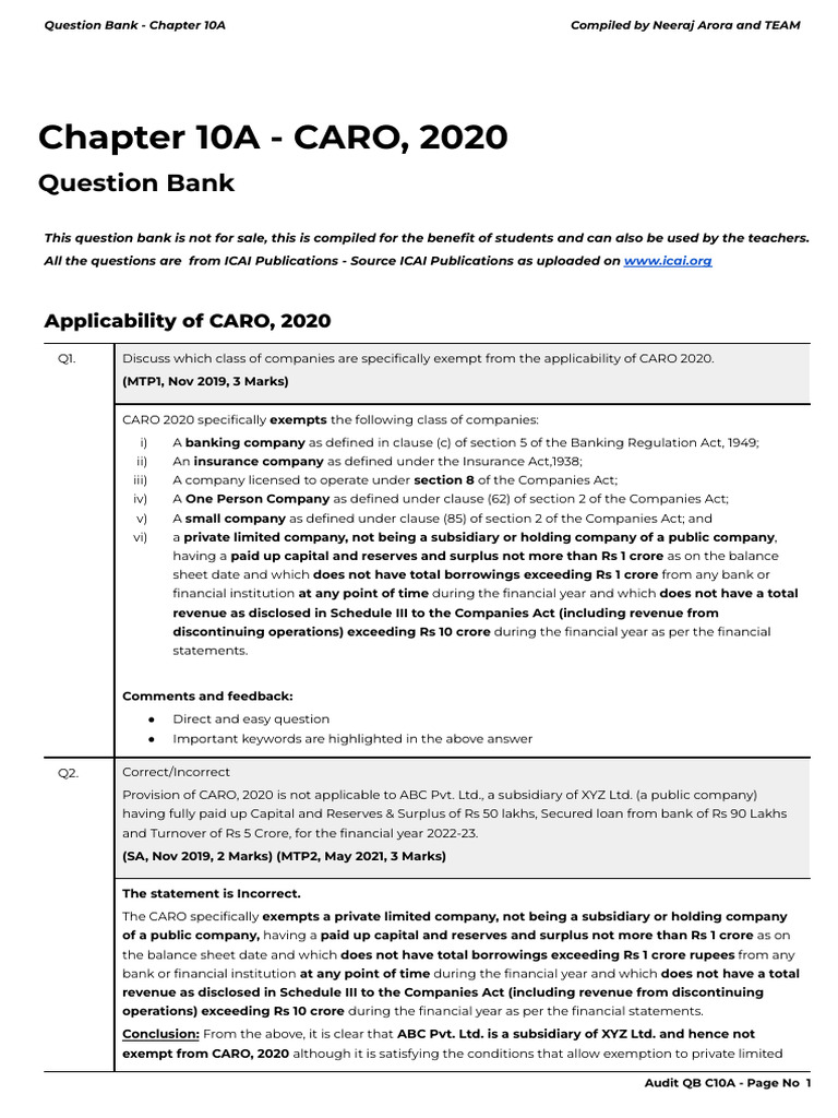 CARO 2020 Question Bank for Students | PDF | Debt | Loans