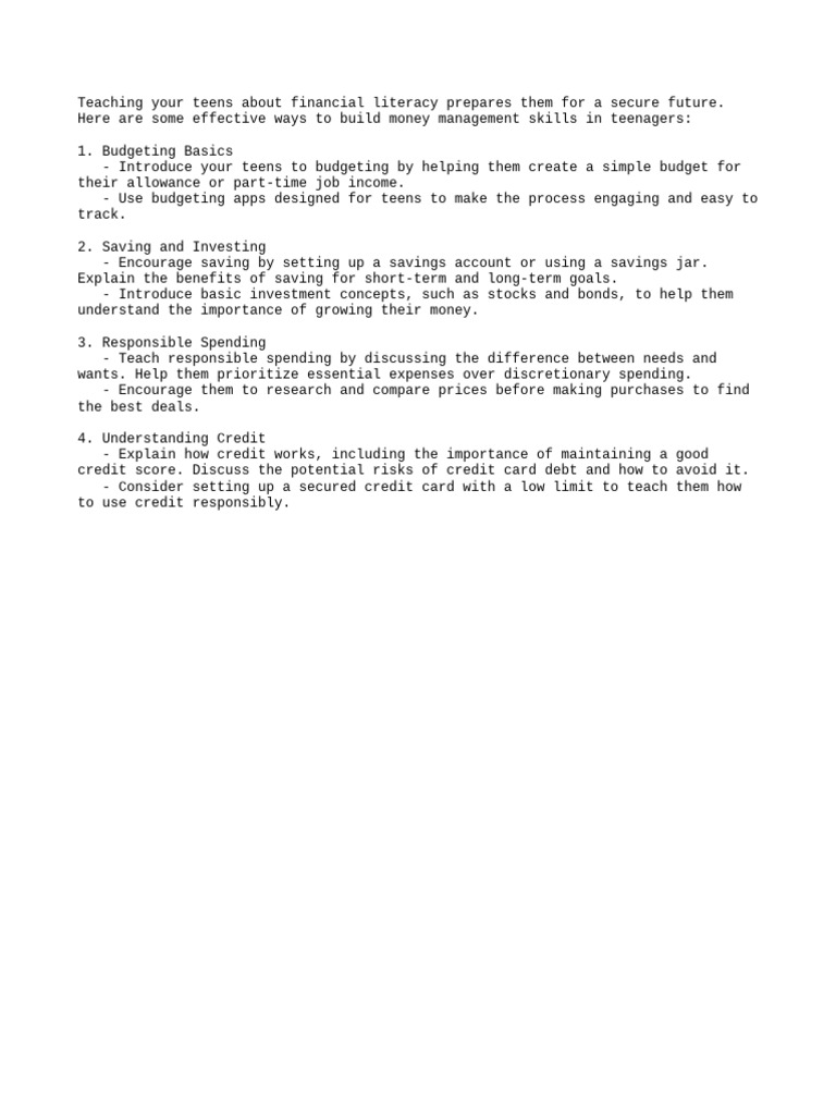 Financial Literacy For Teens Pdf