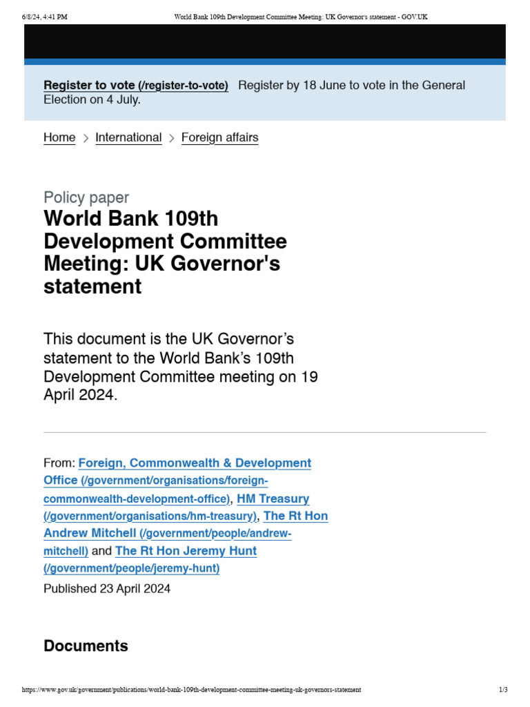 World Bank 109th Development Committee Meeting - UK Governor's ...