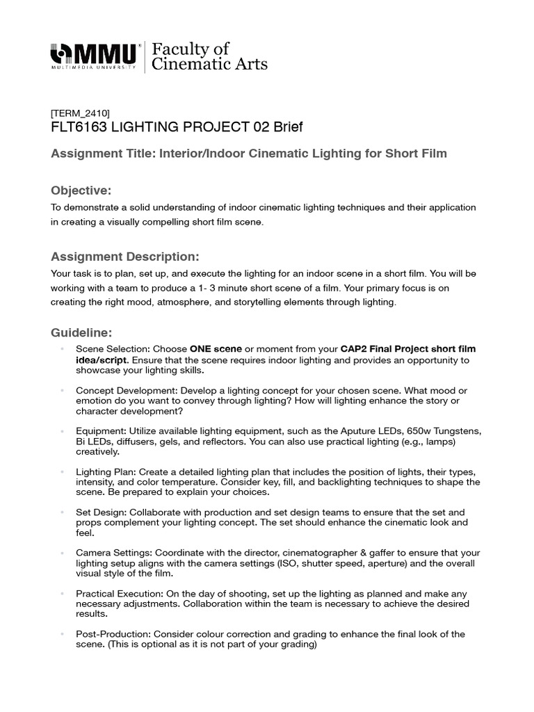 Indoor Cinematic Lighting Project Guide | PDF | Lighting | Cinematography