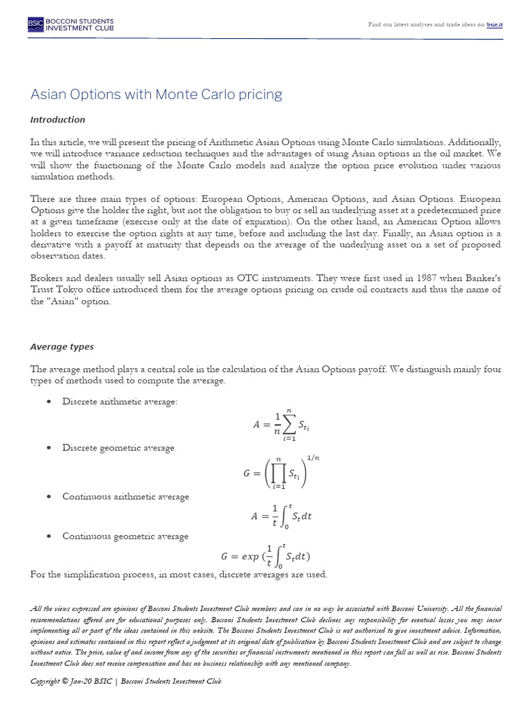 Asian Options With Monte Carlo Pricing | PDF | Option (Finance) | Variance