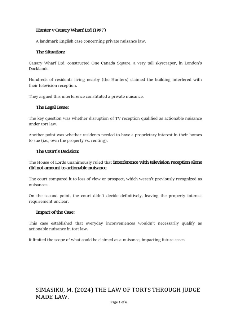 Tort Cases Pdf Nuisance Tort