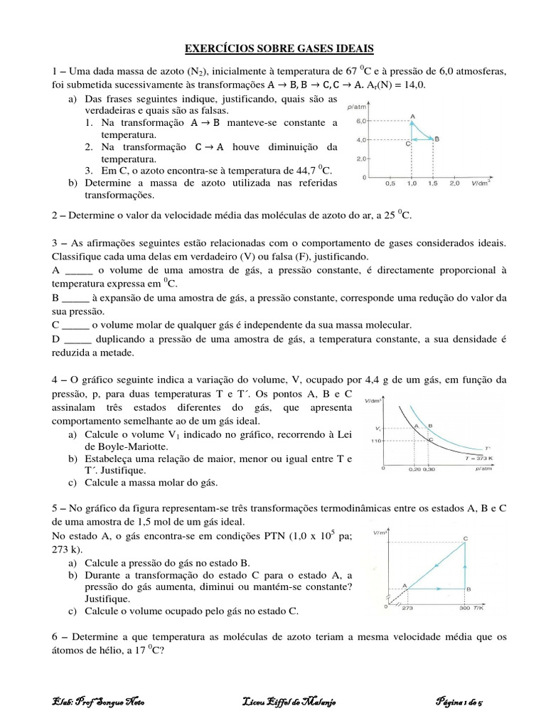 Exercícios sobre Gases Ideais | PDF | Gases | Temperatura