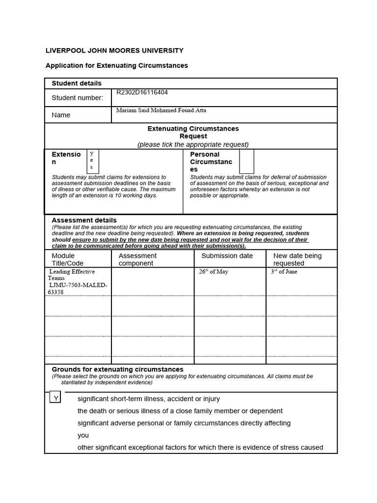 Extenuating Circumstances Application Form | PDF | Mitigating Factor